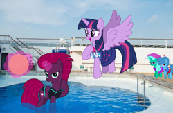 Size: 1533x997 | Tagged: safe, artist:徐詩珮, fizzlepop berrytwist, glitter drops, spring rain, tempest shadow, twilight sparkle, twilight sparkle (alicorn), alicorn, pony, unicorn, series:sprglitemplight diary, series:sprglitemplight life jacket days, series:springshadowdrops diary, series:springshadowdrops life jacket days, ball, base used, bisexual, broken horn, clothes, cute, equestria girls outfit, female, glitterbetes, glitterlight, glittershadow, happy, horn, lesbian, lifeguard, lifeguard spring rain, onomatopoeia, polyamory, shipping, sound effects, sprglitemplight, springbetes, springdrops, springlight, springshadow, springshadowdrops, swimsuit, tempestbetes, tempestlight, twiabetes