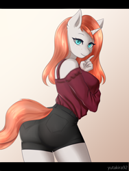 Size: 2976x3968 | Tagged: safe, artist:yutakira92, oc, oc only, anthro, unicorn, anthro oc, ass, breasts, butt, clothes, female, gradient background, horn, looking at you, mare, rear view, shhh, shorts, simple background, solo, teasing, ych result