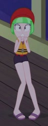 Size: 240x624 | Tagged: safe, screencap, drama letter, watermelody, better together, equestria girls, spring breakdown, background human, beret, clothes, cropped, feet, hat, legs, lifejacket, sandals, solo, swimsuit