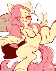 Size: 1618x2048 | Tagged: safe, artist:tohupo, fluttershy, pegasus, pony, blushing, cute, eyes closed, female, hair over one eye, hooves to the chest, mare, on back, shyabetes, smiling, solo, spread legs, spread wings, spreading, wings