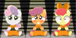 Size: 3460x1750 | Tagged: safe, artist:spellboundcanvas, apple bloom, scootaloo, sweetie belle, pony, blushing, clothes, crying, cute, cutie mark crusaders, embarrassed, horn, horn cap, magic suppression, nervous, prison, prison outfit, prisoner, sad