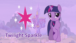 Size: 1920x1080 | Tagged: safe, edit, edited screencap, screencap, twilight sparkle, alicorn, pony, adorable face, blushing, caption, cute, cutie mark, female, image macro, mare, name, purple background, simple background, solo, text, twilight's castle