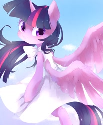 Size: 1240x1507 | Tagged: safe, artist:peparonipizza, twilight sparkle, twilight sparkle (alicorn), alicorn, pony, bow, clothes, cute, dress, female, flying, looking at you, mare, sky, solo, spread wings, twiabetes, wings