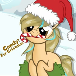 Size: 1280x1280 | Tagged: safe, artist:grithcourage, oc, oc:grith courage, earth pony, pony, to saddlebags and back again, backround, candy, cristmas, cute, food, simple shading, solo, text