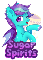 Size: 2203x3038 | Tagged: safe, artist:hawthornss, oc, oc only, oc:sugar spirits, bat pony, badge, bat pony oc, blushing, chest fluff, colored hooves, cute, cute little fangs, ear fluff, fangs, looking at you, simple background, smiling, sparkles, text, underhoof, unshorn fetlocks, watermark, white background