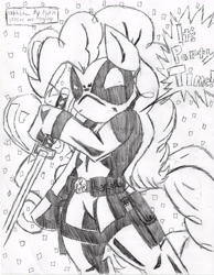 Size: 2550x3293 | Tagged: safe, artist:petanoprime, pinkie pie, earth pony, pony, balloon, clothes, costume, crossover, deadpool, female, hoof hold, mare, monochrome, pinkiepool, solo, speech, sword, traditional art, weapon