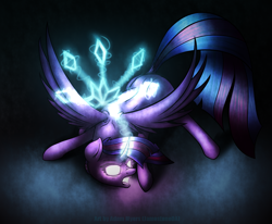 Size: 1500x1238 | Tagged: safe, artist:quefortia, twilight sparkle, twilight sparkle (alicorn), alicorn, pony, angry, dark, female, glowing eyes, glowing horn, horn, magic, magic aura, mare, rage, solo, spread wings, wings