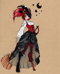 Size: 3398x4214 | Tagged: safe, artist:divinekitten, oc, oc only, oc:jacky, anthro, amputee, boots, broom, eyepatch, female, hat, moon, pirate, prosthetics, red eyes, shoes, stars, sword, traditional art, weapon, witch, witch hat