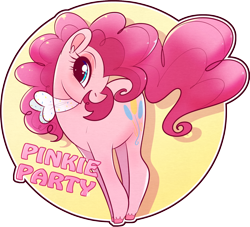 Size: 1280x1161 | Tagged: safe, artist:nursepuppo, derpibooru import, pinkie pie, earth pony, pony, abstract background, colored hooves, cute, diapinkes, ear fluff, female, happy, neckerchief, simple background, solo, unshorn fetlocks