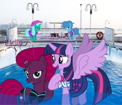 Size: 1080x934 | Tagged: safe, artist:徐詩珮, fizzlepop berrytwist, glitter drops, spring rain, tempest shadow, twilight sparkle, twilight sparkle (alicorn), alicorn, pony, unicorn, series:sprglitemplight diary, series:sprglitemplight life jacket days, series:springshadowdrops diary, series:springshadowdrops life jacket days, base used, bisexual, broken horn, clothes, cute, dialogue, equestria girls outfit, female, glitterbetes, glitterlight, glittershadow, happy, hat, hello, horn, lesbian, lifeguard, lifeguard spring rain, onomatopoeia, polyamory, shipping, sound effects, sprglitemplight, springbetes, springdrops, springlight, springshadow, springshadowdrops, swimsuit, tempestbetes, tempestlight, twiabetes