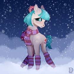 Size: 2000x2000 | Tagged: safe, artist:whide, coco pommel, earth pony, pony, blushing, clothes, cocobetes, cute, cutie mark, female, floppy ears, flower, flower in hair, high res, leg warmers, looking at you, mare, scarf, shy, smiling, snow, socks, solo, striped socks, ych result