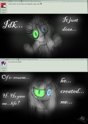 Size: 985x1385 | Tagged: safe, artist:didun850, oc, oc only, oc:element, alicorn, pony, alicorn oc, ask, bust, glowing eyes, heterochromia, shrug, smiling, smug, stitches, tumblr