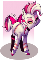 Size: 1280x1751 | Tagged: safe, artist:nursepuppo, pony, angel dust, black socks, bow, clothes, colored hooves, crossover, effeminate earth pony stallion, fangs, femboy, freckles, hazbin hotel, leonine tail, male, ponified, simple background, socks, solo, stallion, tail bow, transparent background, trap