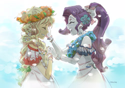 Size: 2556x1806 | Tagged: safe, artist:5mmumm5, applejack, rarity, human, equestria girls, anime style, bracelet, clothes, crying, cute, dress, ear piercing, earring, female, floral head wreath, flower, flower in hair, happy, holding hands, jackabetes, jewelry, lei, lesbian, marriage, piercing, ponytail, pretty, raribetes, rarijack, ring, shipping, smiling, touching face, wedding, wedding ring