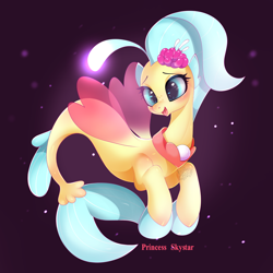 Size: 900x900 | Tagged: safe, artist:snow angel, princess skystar, seapony (g4), my little pony: the movie, blue eyes, blue mane, blushing, bubble, clothes, cute, digital art, dorsal fin, female, fin wings, fins, fish tail, flower, flower in hair, flowing mane, flowing tail, freckles, glowing, jewelry, necklace, ocean, open mouth, pearl necklace, seaquestria, see-through, skyabetes, smiling, solo, swimming, tail, underwater, water, wings