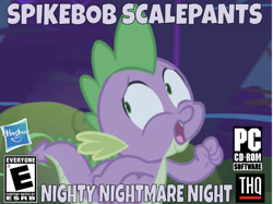 Size: 643x480 | Tagged: safe, edit, edited screencap, editor:undeadponysoldier, screencap, spike, dragon, series:spikebob scalepants, boast busters, box art, cd-rom, game rating, hasbro, hasbro logo, mighty nightmare, parody, pc game, pc logo, rated e, running, scared, solo, spongebob squarepants, thq, thq logo, video game