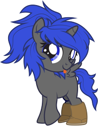 Size: 1791x2328 | Tagged: safe, artist:lightning stripe, derpibooru exclusive, oc, oc:dream², alicorn, pony, :p, blank flank, blue eyes, blue mane, boots, commission, cute, female, filly, foal, gray coat, horn, messy mane, ocbetes, race swap, shoes, show accurate, simple background, tongue out, transparent background, uggs, vector, wings