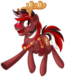 Size: 1600x1895 | Tagged: safe, artist:missmele-madness, oc, oc:pyre, pony, unicorn, antlers, deviantart watermark, male, obtrusive watermark, red nose, reindeer antlers, simple background, solo, stallion, transparent background, watermark