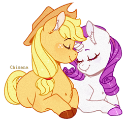 Size: 774x727 | Tagged: safe, artist:chisanamichin, derpibooru import, applejack, rarity, earth pony, pony, unicorn, colored hooves, cute, eyes closed, female, lesbian, rarijack, shipping, simple background, smiling, transparent background