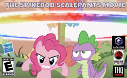 Size: 642x392 | Tagged: safe, artist:dipi11, artist:nethear, edit, edited screencap, editor:undeadponysoldier, screencap, pinkie pie, spike, dragon, earth pony, pony, series:spikebob scalepants, lesson zero, angry, badass, box art, cool guys don't look at explosions, duo, explosion, female, gamecube, gamecube logo, hasbro, hasbro logo, heavy iron studios, heavy iron studios logo, male, mare, nuclear explosion, rainbow explosion, rated e, serious, serious face, spongebob squarepants, the spongebob squarepants movie, the spongebob squarepants movie video game, thq, thq logo