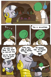 Size: 800x1200 | Tagged: safe, artist:shoutingisfun, zecora, oc, oc:anon, human, pony, zebra, comic:one left, :t, comic, dialogue, drink, drinking, ear piercing, earring, eyes closed, female, food, human male, implied pear butter, jewelry, looking at each other, male, mare, neck rings, open mouth, piercing, question, raised hoof, sipping, sitting, speech bubble, table, tea, zecora's hut