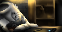 Size: 5703x3000 | Tagged: safe, artist:quefortia, oc, oc:xenith, zebra, fallout equestria, drawing tablet, eyes closed, fanfic, fanfic art, female, hooves, mare, sleeping, solo, stylus, table, zebra oc