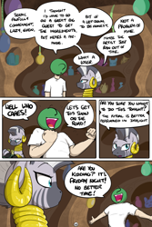 Size: 800x1200 | Tagged: safe, artist:shoutingisfun, zecora, oc, oc:anon, human, pony, zebra, comic:one left, breaking the fourth wall, comic, dialogue, ear piercing, earring, female, friday night, happy, human male, jewelry, looking at each other, male, mare, neck rings, open mouth, piercing, potion, speech bubble, unamused, zecora's hut