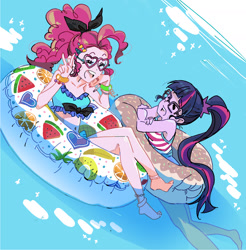 Size: 1605x1630 | Tagged: safe, artist:5mmumm5, pinkie pie, sci-twi, twilight sparkle, better together, equestria girls, anime, bow, bracelet, clothes, donut, feet, floating, floaty, food, fruit, glasses, inner tube, jewelry, laughing, legs, peace sign, ponytail, swimming, swimsuit