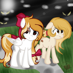 Size: 3000x3000 | Tagged: safe, artist:applerougi, oc, oc only, oc:cremita, oc:kiddle, earth pony, pegasus, pony, bow, female, hair bow, mare, tail bow