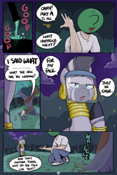 Size: 800x1200 | Tagged: safe, artist:shoutingisfun, zecora, oc, oc:anon, human, pony, zebra, comic:one left, apple, apple tree, comic, dialogue, female, human male, intertwined trees, kneeling, looking at each other, male, mare, open mouth, pear tree, potion, question, roots, smiling, speech bubble, tree, unamused