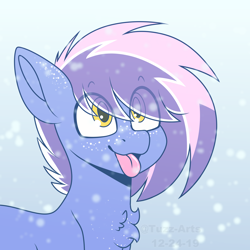 Size: 5000x5000 | Tagged: safe, artist:tuzz-arts, oc, oc:berry frost, earth pony, pony, chest fluff, chest freckles, freckles, snow, snowfall, solo, tongue out