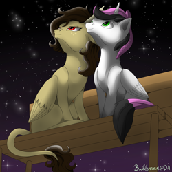 Size: 2000x2000 | Tagged: safe, artist:dreamyartcosplay, oc, oc only, alicorn, pegasus, pony, alicorn oc, bench, female, leonine tail, male, mare, night, oc x oc, pegasus oc, shipping, signature, sitting, stallion, stars, wings