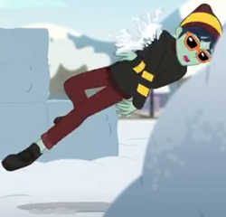 Size: 938x900 | Tagged: safe, edit, edited screencap, screencap, better together, equestria girls, holidays unwrapped, attack, cropped, snow, snowball, solo, sunglasses, toque, waldo whereabout, winter