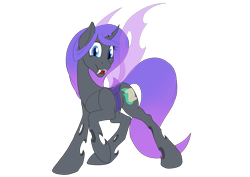 Size: 3508x2480 | Tagged: safe, artist:settop, derpibooru exclusive, oc, oc only, oc:viciz, changeling, pony, 2020 community collab, changeling oc, derpibooru community collaboration, female, purple changeling, raised hoof, simple background, smiling, solo, transparent background