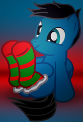 Size: 2250x3300 | Tagged: safe, artist:agkandphotomaker2000, oc, oc:pony video maker, pegasus, pony, clothes, implied hearth's warming, seasonal socks, socks, striped socks