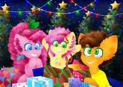 Size: 2533x1791 | Tagged: safe, artist:vanillaswirl6, cheese sandwich, li'l cheese, pinkie pie, earth pony, pony, the last problem, cheesepie, christmas, christmas 2019, christmas lights, christmas tree, daughter, father, female, fluffy, holiday, jewelry, male, mother, pendant, pony present, present, ribbon, shipping, straight, tree