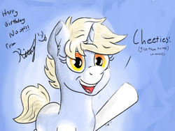 Size: 1600x1200 | Tagged: safe, artist:kalashnikitty, oc, oc:nootaz, pony, unicorn, birthday, cute, female, gib cheeties, happy, implied cheetos, mare, open mouth, solo, then perish