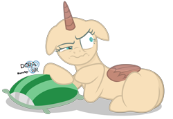 Size: 4400x3050 | Tagged: safe, artist:doraair, oc, oc only, alicorn, pony, alicorn oc, annoyed, base, pillow, prone, simple background, solo, transparent background