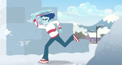 Size: 1600x860 | Tagged: safe, screencap, curly winds, some blue guy, better together, equestria girls, holidays unwrapped, clothes, snow, snow fort, snowball, solo, streetlight, sweater, throwing, winter