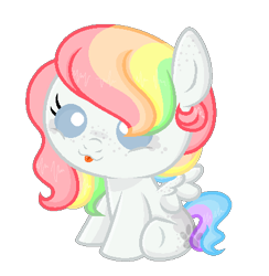 Size: 410x420 | Tagged: safe, artist:rainbowpawsarts, artist:sararini, oc, oc only, oc:pastel, pegasus, pony, alternate universe, base used, female, foal, freckles, hair over one eye, offspring, parent:oc:chalk, parent:oc:rainbow paws, parents:oc x oc, rainbow hair, simple background, sitting, solo, tongue out, transparent background