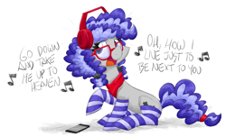 Size: 4600x2800 | Tagged: safe, artist:flutterthrash, oc, oc only, oc:cinnabyte, pony, adorkable, anamanaguchi, bandana, clothes, cute, dork, headphones, ipod, mp3, music, socks, solo, striped socks