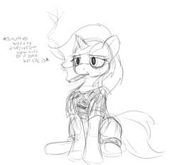 Size: 2044x1916 | Tagged: safe, artist:mcsplosion, oc, oc:painterly flair, pony, bags under eyes, clothes, depressed, drugs, female, marijuana, pink floyd, sitting, sketch, smoking, solo, stoner, teary eyes, the dark side of the moon