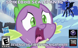 Size: 625x383 | Tagged: safe, artist:chrzanek97, edit, edited screencap, editor:undeadponysoldier, screencap, nightmare moon, spike, alicorn, dragon, pony, series:spikebob scalepants, box art, female, gamecube, gamecube logo, hasbro, hasbro logo, mare, parody, revenge of the flying dutchman, scared, screaming, spongebob squarepants, thq, thq logo, video game