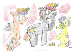 Size: 1313x941 | Tagged: safe, artist:ptitemouette, oc, oc:apple zenith, oc:hurricane salsa, oc:secret garden, pony, unicorn, cousins, offspring, parent:oc:big shield, parent:oc:bow tie, parent:oc:bubble top, parent:oc:feather storm, parent:oc:pomme de pin, parent:oc:tutu, parents:oc x oc, traditional art