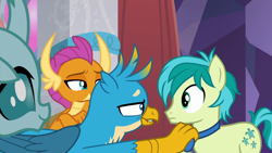 Size: 1920x1080 | Tagged: safe, screencap, gallus, ocellus, sandbar, smolder, changedling, changeling, dragon, earth pony, griffon, pony, she's all yak, amused, blank stare, bowtie, claws, confused, crossed arms, curved horn, cute, cutie mark, dragoness, female, folded wings, frown, horn, horns, lidded eyes, lip bite, male, pulling, smiling, smirk, talons, teasing, teenaged dragon, teenager, wings