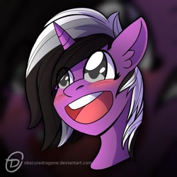 Size: 1024x1024 | Tagged: safe, artist:obscuredragone, oc, oc:silver smoke, pony, unicorn, big eyes, black and white mane, blushing, commission, freckles, gray eyes, happy, horn, long hair, open mouth, smiley face, smiling, solo, ych result