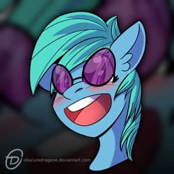 Size: 1024x1024 | Tagged: safe, artist:obscuredragone, oc, pony, big eyes, blushing, commission, freckles, glasses, happy, not lyra, open mouth, smiley face, solo, sunglasses, ych result