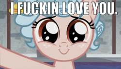 Size: 641x363 | Tagged: safe, edit, edited screencap, editor:undeadponysoldier, screencap, cozy glow, pegasus, pony, school raze, adoracreepy, caption, chocolate with nuts, cozy glow is best facemaker, cozybetes, creepy, cute, female, filly, foal, freckles, i love you, image macro, meme, reference, spongebob and patrick sell poop, spongebob squarepants, text, vulgar, youtube poop