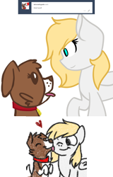 Size: 1000x1559 | Tagged: safe, artist:ask-milenblitz, artist:askwinonadog, winona, oc, oc:milen blitz, dog, pegasus, pony, collaboration, ask, ask winona, comic, duo, eyes closed, female, heart, licking, mare, one eye closed, simple background, sitting up, tongue out, tumblr, white background