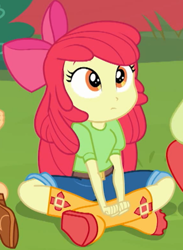 Size: 762x1040 | Tagged: safe, screencap, apple bloom, better together, equestria girls, holidays unwrapped, adorabloom, boots, cropped, crossed legs, cute, grass, offscreen character, shoes, sitting, solo focus